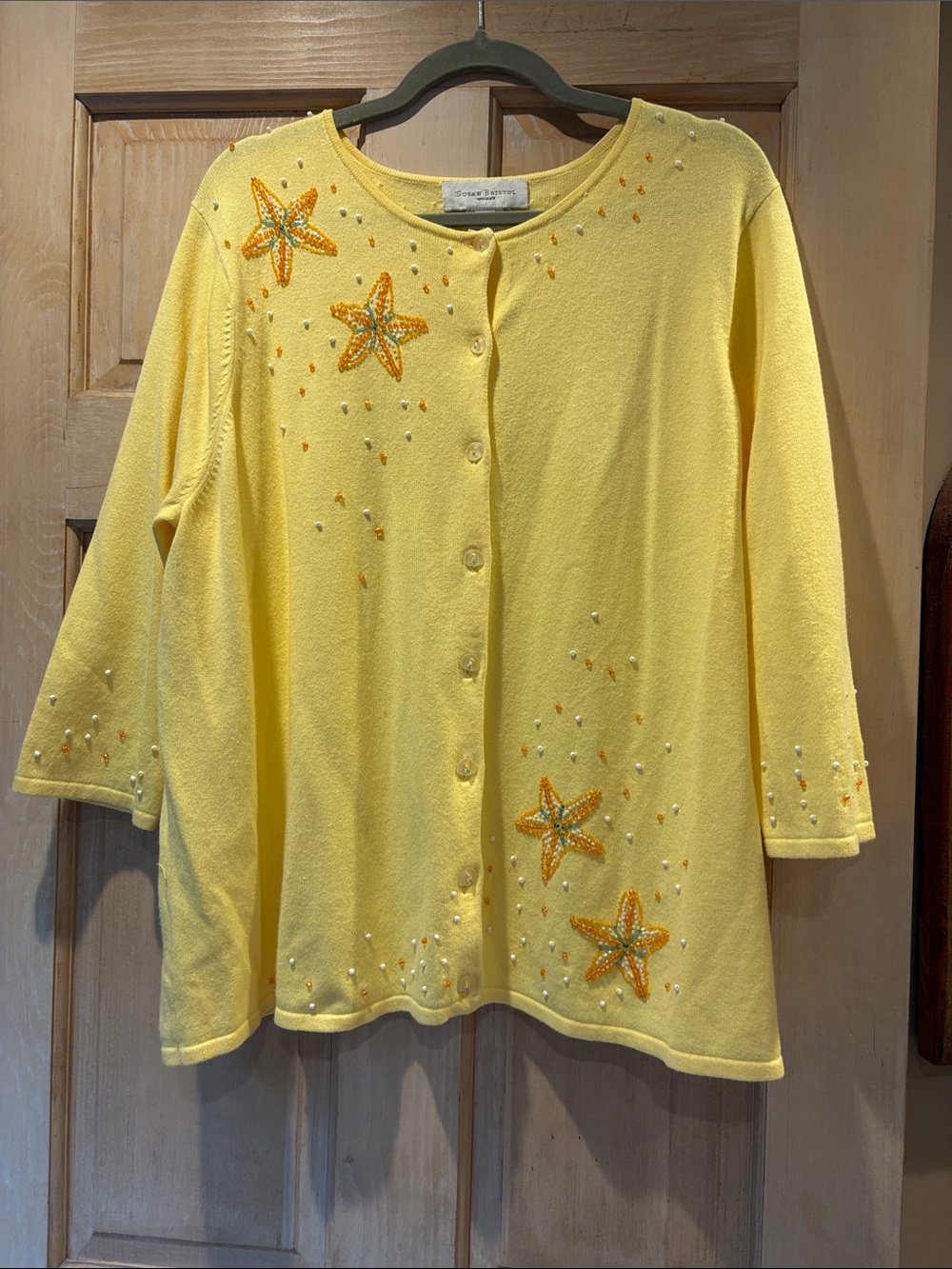 Susan Bristol Yellow Knit Cardigan with Starfish Embroidery 2X